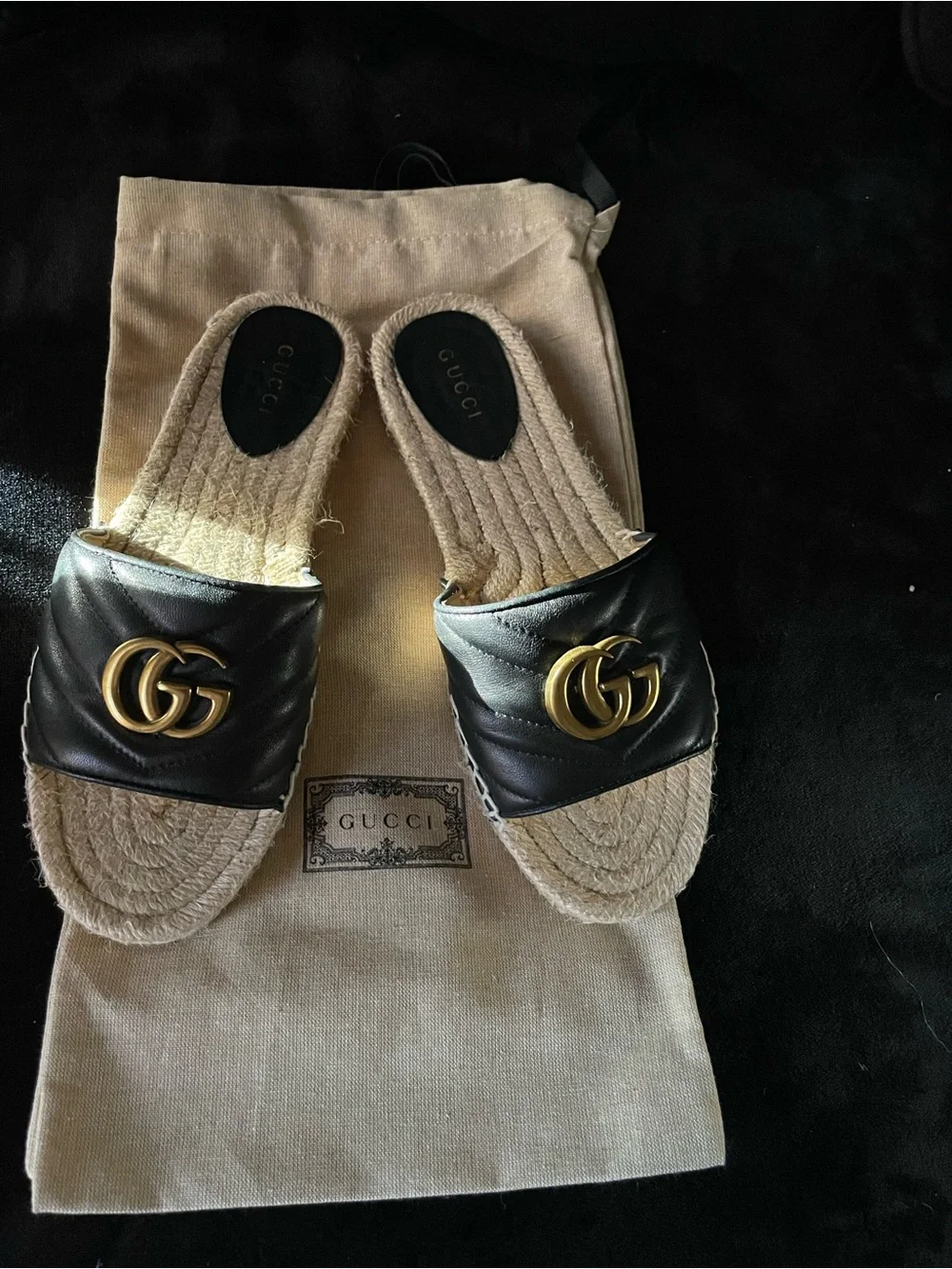 Gucci Black Leather Espadrille Slides with Gold GG